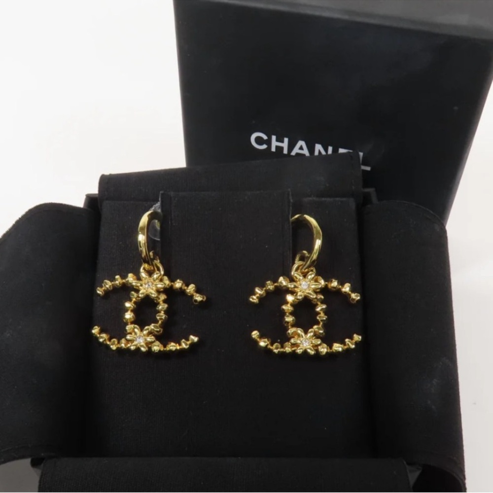 Authentic Chanel 23A Gold CC Beaded Crystal Hoop Earrings – Box Included